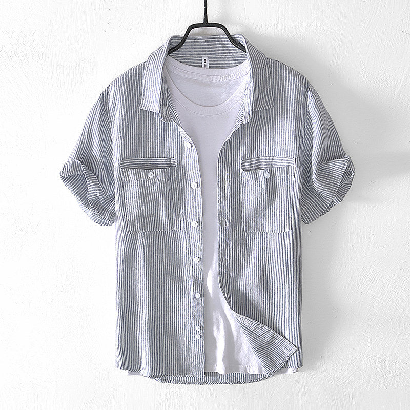 Cotton Linen Striped Casual Short Sleeved Shirt