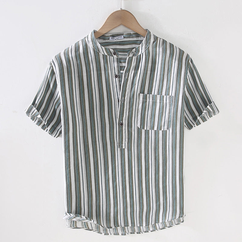 Pure Linen Stand Collar Striped Short Sleeve Shirt