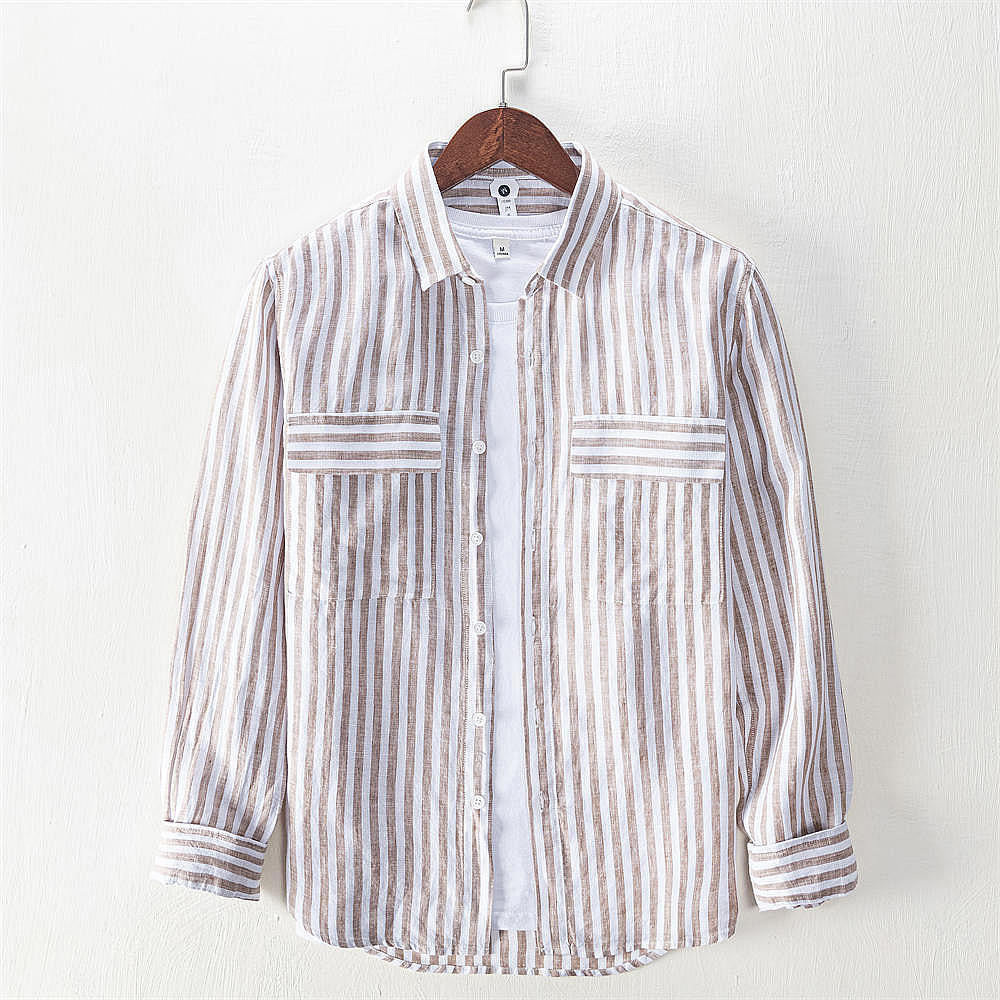 Pure Linen Striped Pocket Casual Long Sleeve Shirt