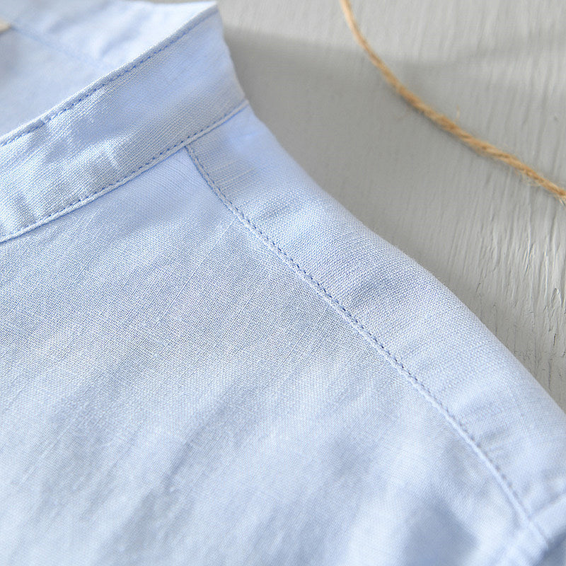 Cotton Linen Fresh Stand Collar Short Sleeve Shirt