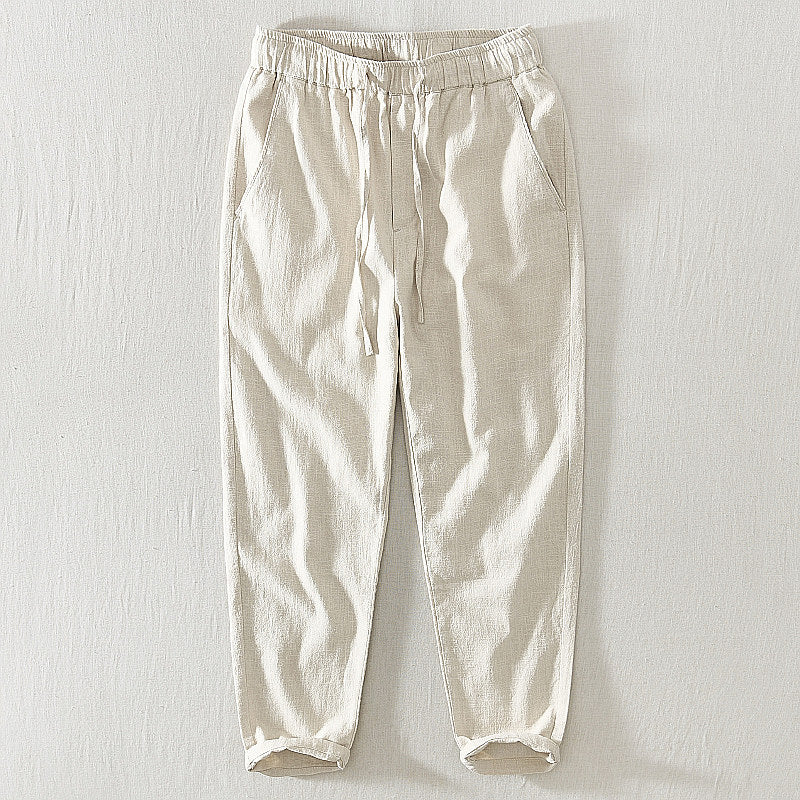 Cotton Ramie Drawstring Casual Cropped Pants