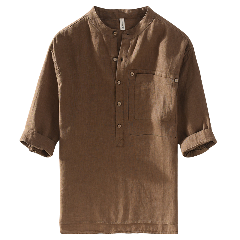 Pure Linen Stand Collar Short Sleeve Shirt