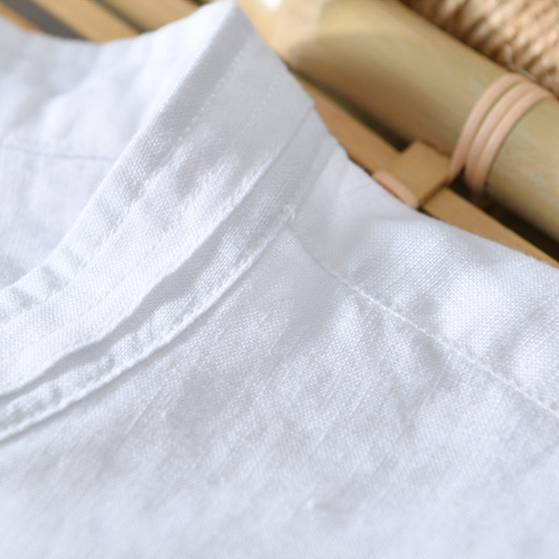 Pure Linen Stand Collar Three Quarter Sleeve Shirt