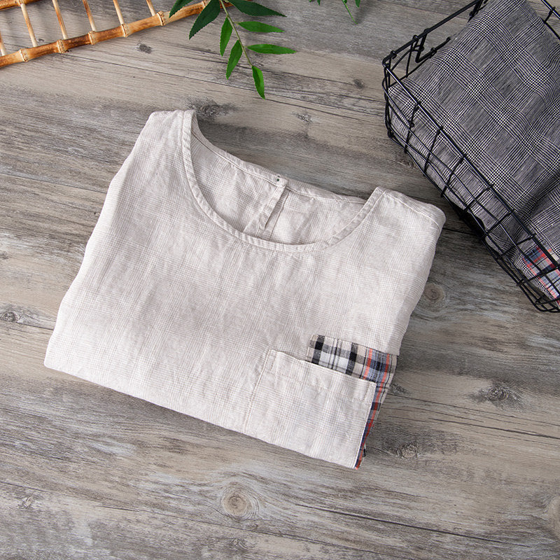 Pure Linen Round Neck Check Short Sleeve Shirt