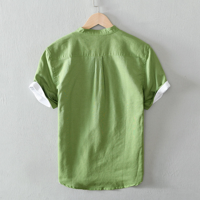 Cotton Linen Breathable Stand Collar Short Sleeved Shirt