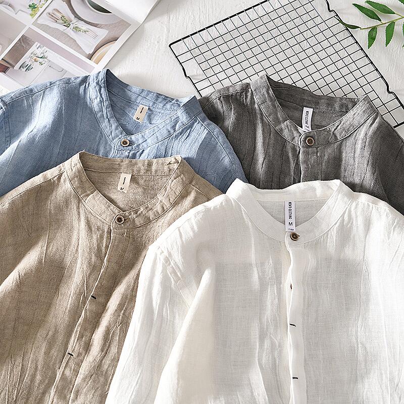 Pure Linen Stand Collar Solid Color Long Sleeve Shirt