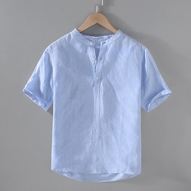 Cotton Linen Vintage Stand Collar Short Sleeve Shirt