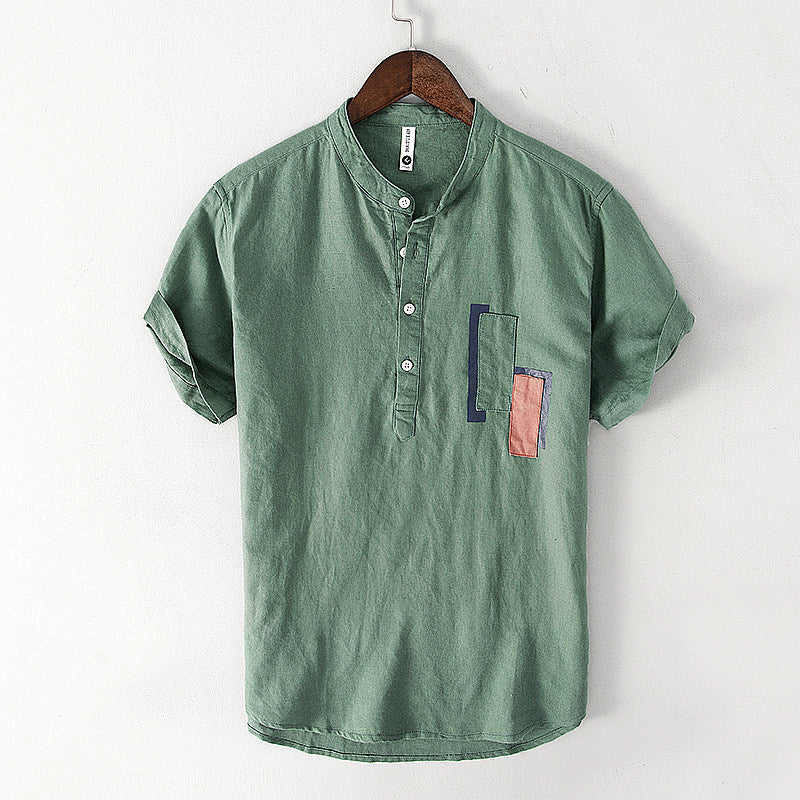 Cotton Linen Fresh Stand Collar Short Sleeve Shirt