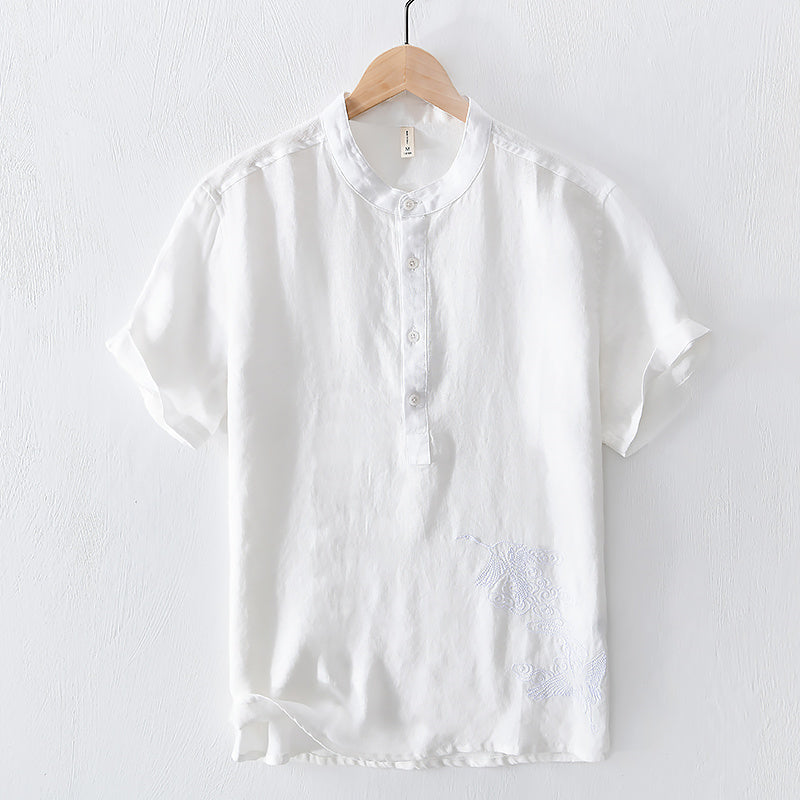 Pure Linen Embroidered Short Sleeve Shirt