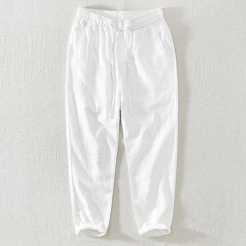 Cotton Ramie Drawstring Casual Cropped Pants