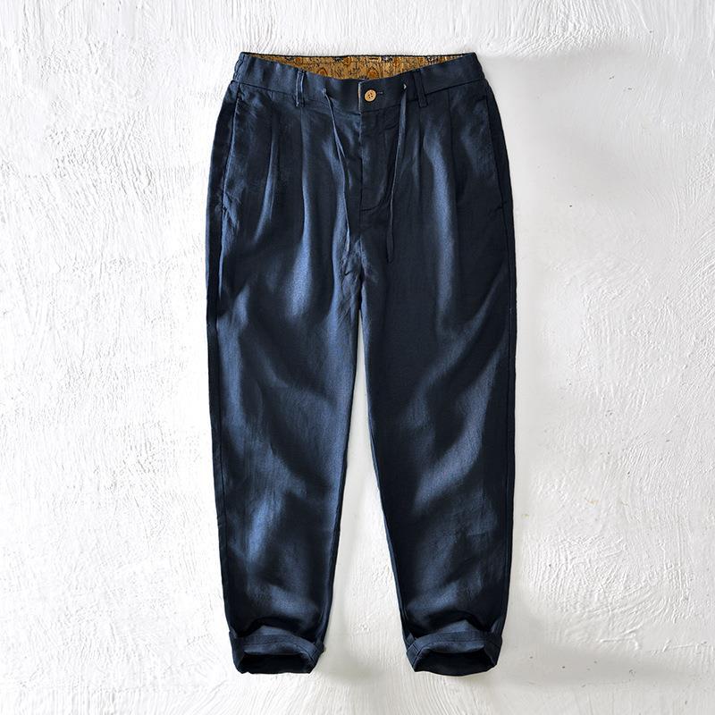 Pure Linen Pocket Casual Cropped Pants