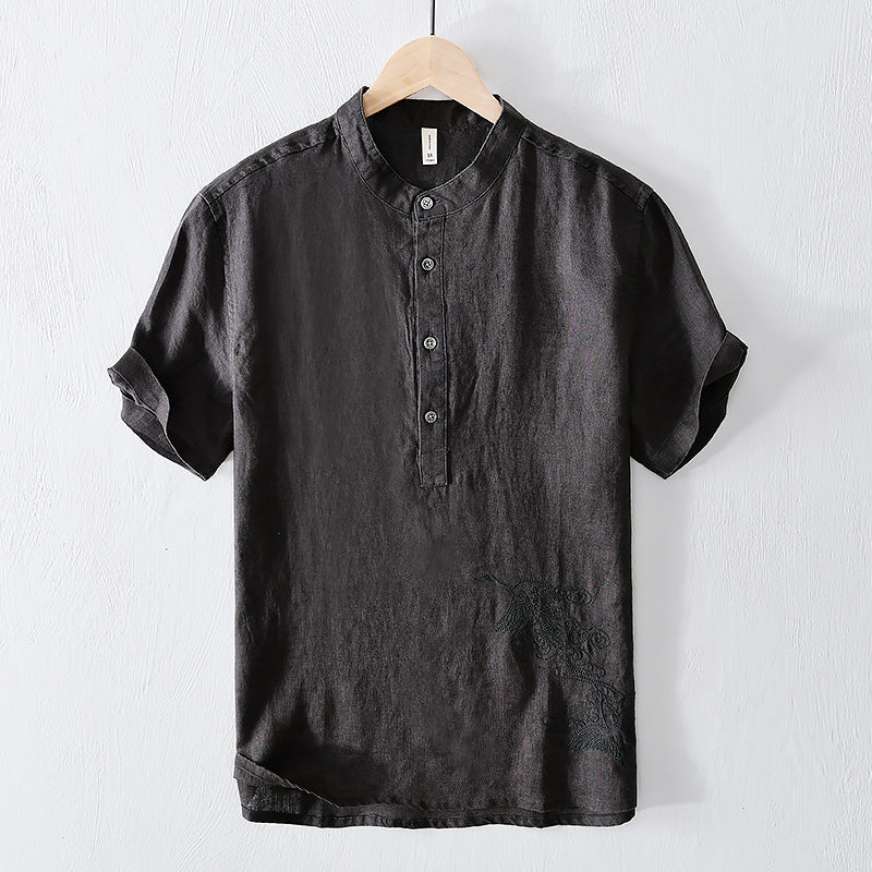 Pure Linen Embroidered Short Sleeve Shirt