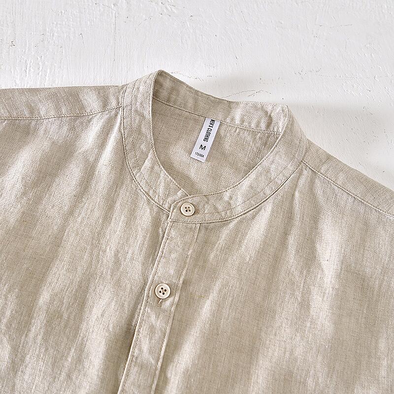 Pure Linen Stand Collar Long Sleeve Shirt