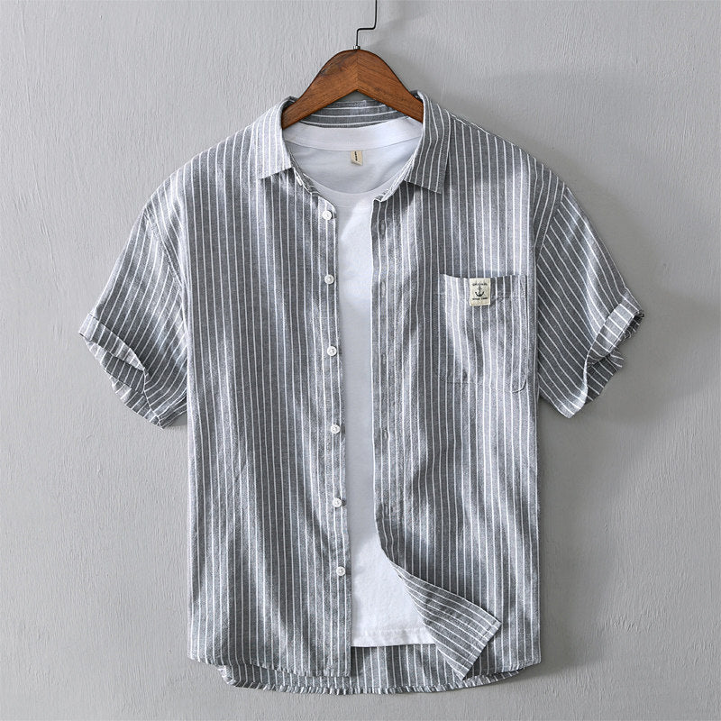 Cotton Linen Breathable Stand Collar Stripe Short Sleeved Shirt