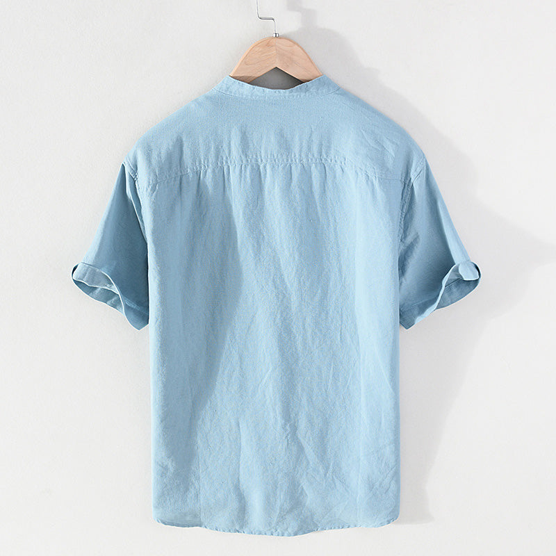 Cotton Linen Breathable Stand Collar Short Sleeved Shirt