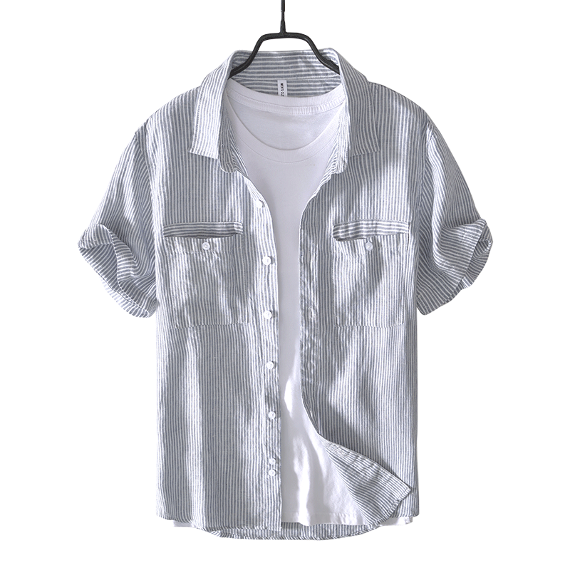 Cotton Linen Striped Casual Short Sleeved Shirt