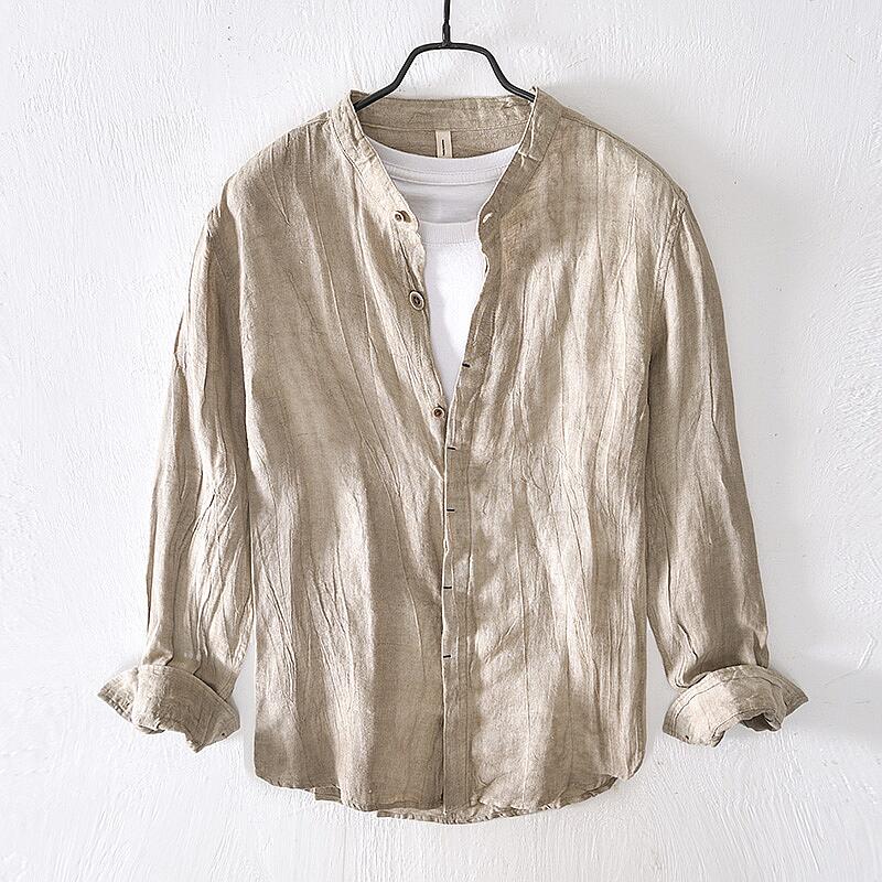 Pure Linen Stand Collar Solid Color Long Sleeve Shirt